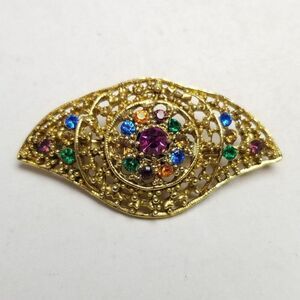 Vintage Jewel Tone Rhinestone Eye Shape Brooch, Gold Tone Setting, Estate